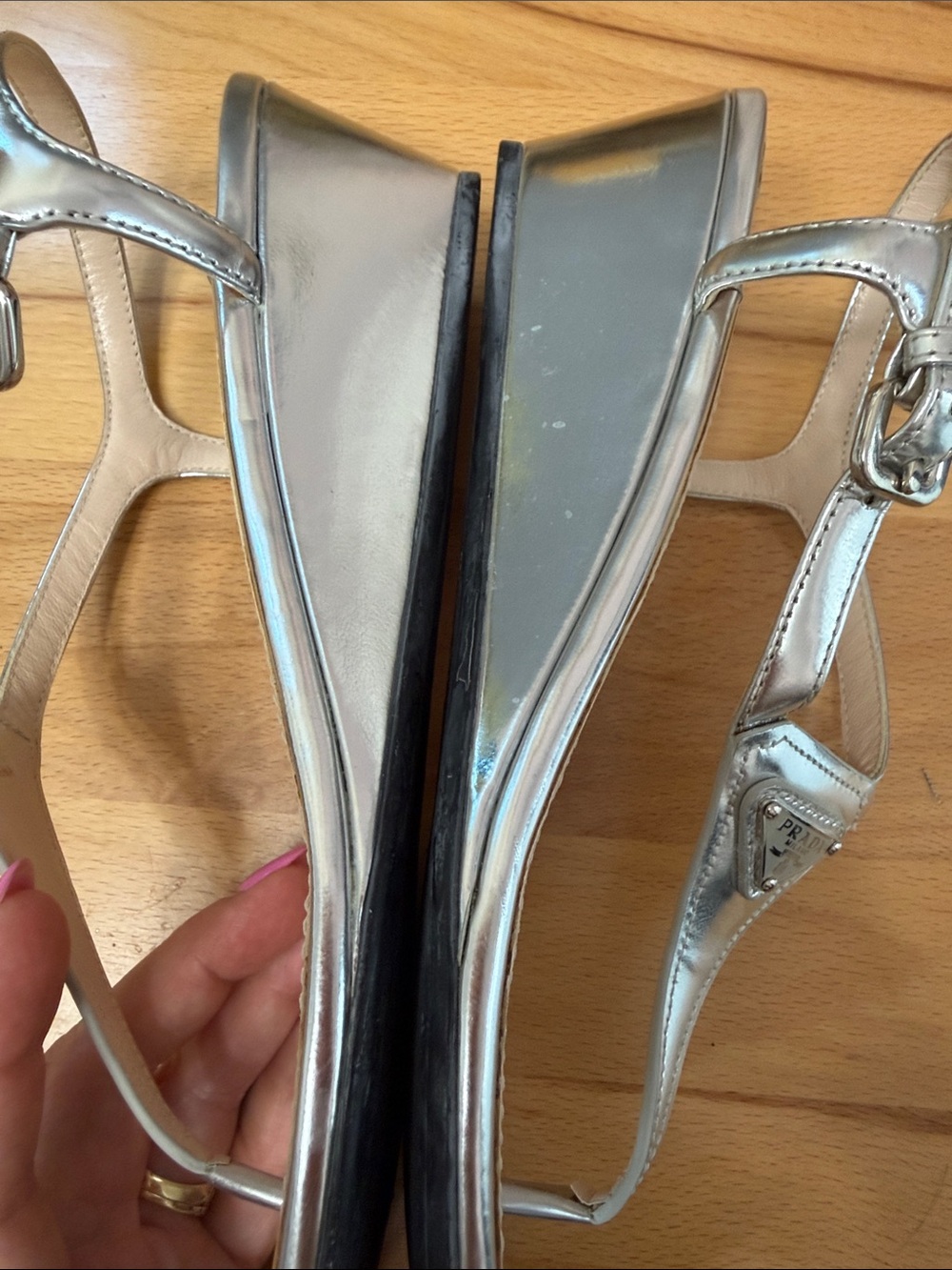 Prada Metallic Silver T-Strap Logo Sandals - Picture 14 of 15